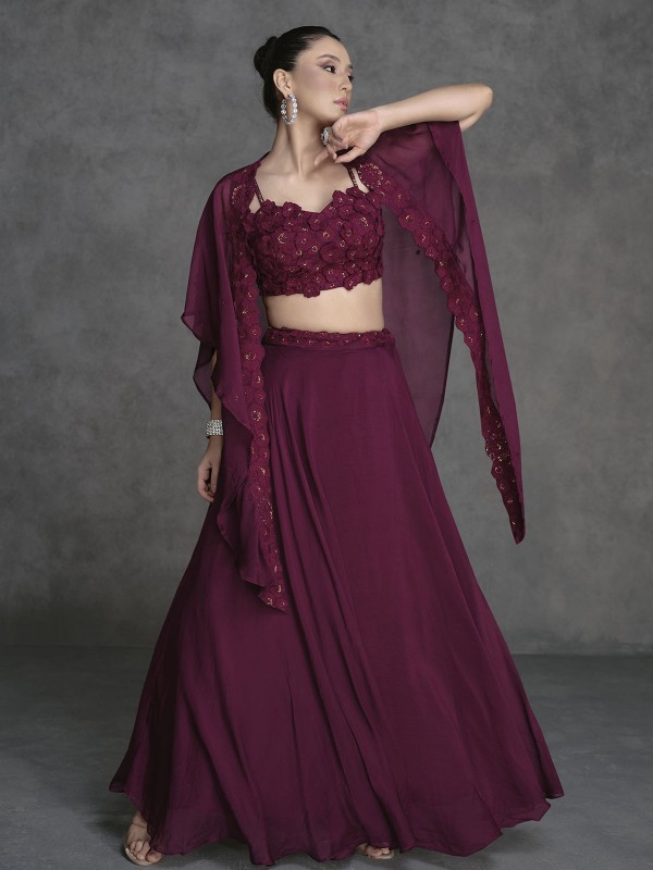 Wine Real Georgette Shrug Style Lehenga Choli